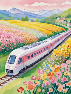 春日，水彩画数字插图一列白色火车穿过鲜花，许多许多五颜六色的花朵，水晶粉色和黄色，亨利·马蒂斯的石版画，故事书插图，电影镜头，鸟瞰图，超细细节，8K-ar 3:4-风格化750-v 6.