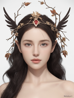 3d精灵，神话女孩，树枝和燕子头饰，极简主义艺术，海报艺术，神话插画，二次元