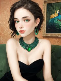 油画，撑脸坐着的少女，孔雀绿宝石项链和耳环，绿色欧式沙发，黑色抹胸闪闪的礼服，体积光，