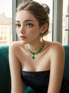 油画，撑脸坐着的少女，绿宝石钻石项链和耳环，绿色欧式沙发，阳光透进窗户，黑色抹胸闪闪的礼服，体积光