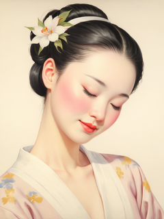 古典美女，闭眼浅笑，人物画，工笔人物画，国风插画，国风美学，日系插画，浅色系，低饱和度，
