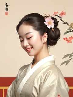 古典美女，闭眼浅笑，工笔人物画，国风插画，国风美学，日系插画，浅色系，低饱和度，中式氛围