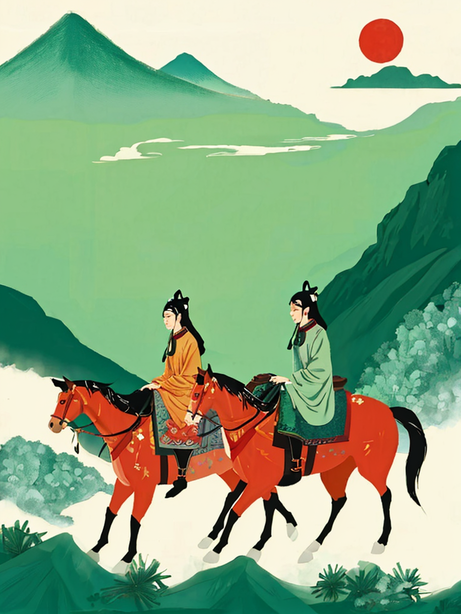 骑马上春山矢量古风艺术插画