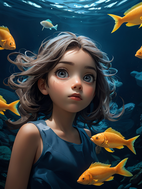 深海里的鱼和女孩动画图