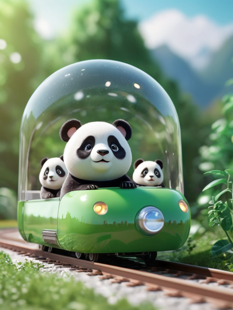 卡通微型立体模型开火车的熊猫