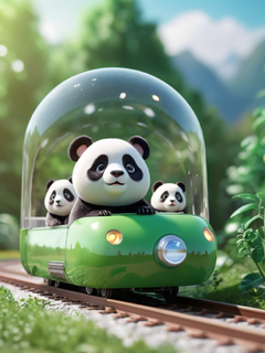 一列圆形透明玻璃火车，载着可爱的卡通熊猫，森林，现代城市，明亮柔和的颜色，柔和的自然光，3D渲染微缩模型，微型立体模型，绿色，丰富多彩，未来主义，明亮的阳光，UE，Sinsing Render，Blender，--s 400-ar 3:4--v 6.0