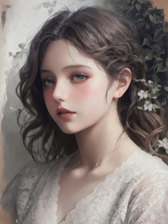 在阳光下的少女，披散着头发，精致妆容，侧颜，白色蕾丝，庄园，印象派油画，油画插画，古典油画，复古