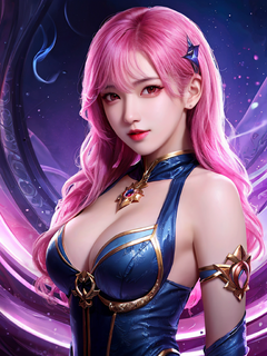 一个美丽的亚洲女孩cos英雄联盟角色，K-POP风格，全身，粉色头发，KDA，cosplay，逼真，后期制作，杰作，高品质，高细节，花哨的闪光背景