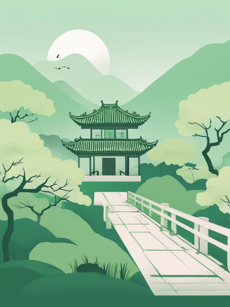 绿色极简国风艺术景观插图