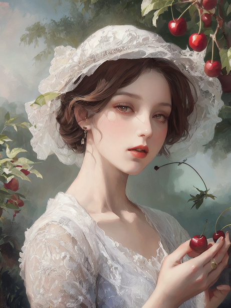 庄园里摘樱桃的少女油画
