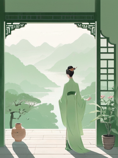 中式美学，古风，国风插画，极简插画，颗粒感，艺术，意境，小清新，上春山，白绿色调