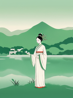 中式美学，古风，国风插画，极简插画，颗粒感，艺术，意境，小清新，上春山，白绿色调