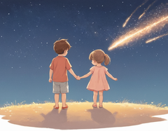 小男孩和小女孩，牵手，看流星，画