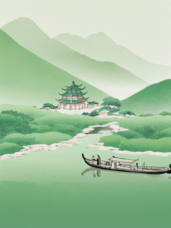 中式美学，古风，国风插画，极简插画，颗粒感，艺术，意境，小清新，上春山，白绿色调