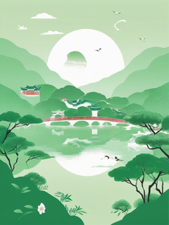 中式美学，古风，国风插画，极简插画，颗粒感，艺术，意境，小清新，上春山，白绿色调