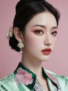 gucci杂志拍摄风，女性，钻石耳环，中式妆容，花衬衫，城堡和秘境花园，时尚穿搭，美女头像，浅粉色和浅绿色