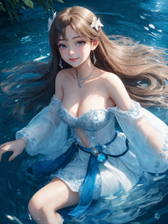 水汪汪大眼，爱心瞳，[害羞]，长发湿发，大师作品，最好画质，超高分辨率，更高质量，美少女，发饰，8k分辨率，辣妹，学生，美瞳，脸红，细肩带，绿洲（瀑布人物在水中），魔法环，体积光，电影级光照，自然光，雪月法萌少女光肩，晶莹剔透的水花完美辉映，漂浮的水花，水珠，美丽的辉光，最佳质量，插图，杰作，最好的制作，最好的质量，照明，可爱，丁达尔效应，光肩，景深，闪耀的，绝美的，精致的五官，萌，黑水粒子特效，梦幻，漂浮的黑色发光颗粒，项链，精美的CG，甜美可爱微笑的美少女