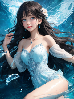 水汪汪大眼，爱心瞳，[害羞]，长发湿发，大师作品，最好画质，超高分辨率，更高质量，美少女，发饰，8k分辨率，辣妹，学生，美瞳，脸红，细肩带，绿洲（瀑布人物在水中），魔法环，体积光，电影级光照，自然光，雪月法萌少女光肩，晶莹剔透的水花完美辉映，漂浮的水花，水珠，美丽的辉光，最佳质量，插图，杰作，最好的制作，最好的质量，照明，可爱，丁达尔效应，光肩，景深，闪耀的，绝美的，精致的五官，萌，黑水粒子特效，梦幻，漂浮的黑色发光颗粒，项链，精美的CG，甜美可爱微笑的美少女