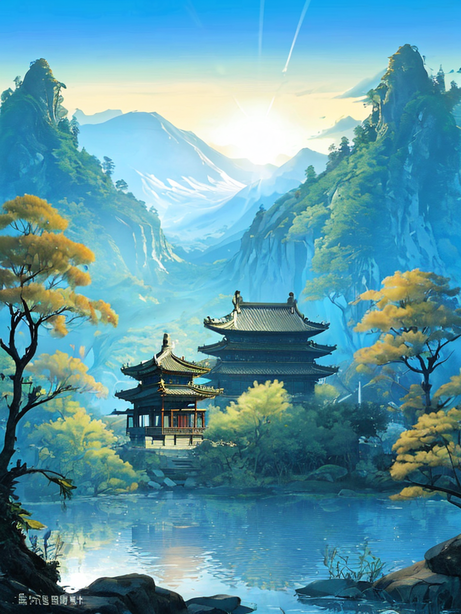 山水古寺新中式国风插画