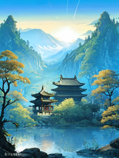 清晨入古寺，初日照高林，国风插画，宋代文化，新中式古风插画，50%留白构图，淡金色和淡蓝色，低饱和度