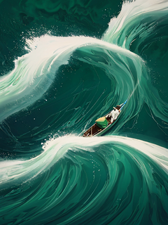 一个人在海里划船，绿色的水波在他周围旋转，Jon Klassen和Zao WouKi的风格，特写，鸟瞰图，深白色和浅米色风格，深翡翠和天蓝色，流畅的线条和曲线，柔和的渐变，高分辨率的细节