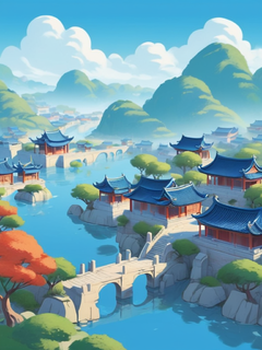 一幅中国古老村庄的插图，宁静的花园景观，浅海军蓝和浅海蓝灰，古典主题，充满活力，宋代风格，历史重新想象，参与式，考古对象，梦幻般的氛围，创新的页面设计，异想天开的漫画风格，有趣的漫画插图风格--ar 3:4