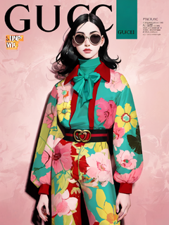 gucci风格，把春天穿在身上，创意插画，数字艺术，颜色对比强烈，夸张造型，高级，杂志
