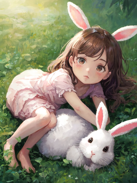 草地上的兔子与小女孩可爱插画