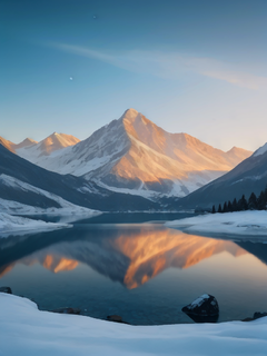 自然风光，雪山，雪山倒影，写实，宁静，柔和