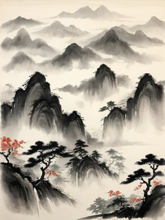 中国风，水墨画风，远处的群山笼罩在薄雾中，疑是银河落九天的风景