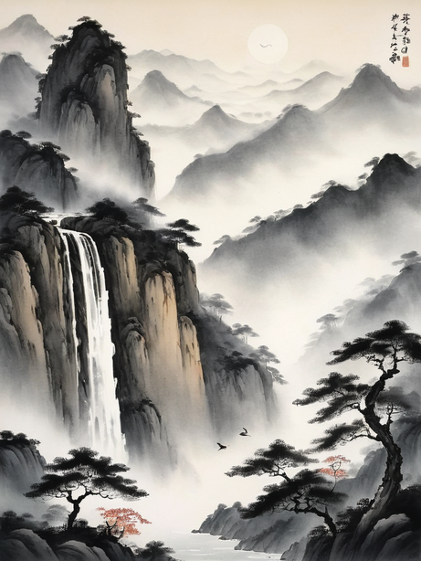 庐山瀑布中国山水画水墨画