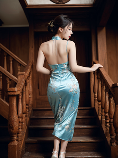 20岁中国女孩，背影，长旗袍，高跟鞋，巨大的胸部，蜜桃臀，站在楼梯上，后脑
