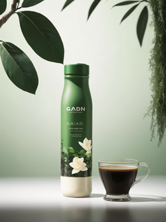 栀子花和枝干，青苔，奶茶，融合光影，广告拍摄，背景模糊突出产品，30%留白构图