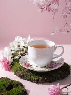 白粉色的花和枝干，青苔，一杯纸杯奶茶，融合光影，广告拍摄，背景模糊突出产品，30%留白构图，春天的感觉