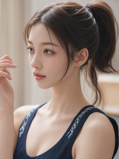 年轻学生，马尾，真实且富有艺术感，展现出20岁女性的自信与青春活力，教室为背景