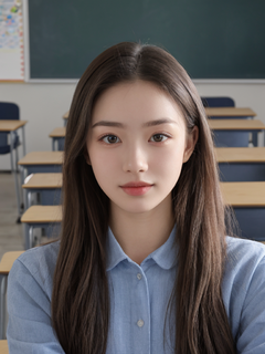 年轻学生，真实且富有艺术感，展现出20岁学生的自信与青春活力，教室为背景
