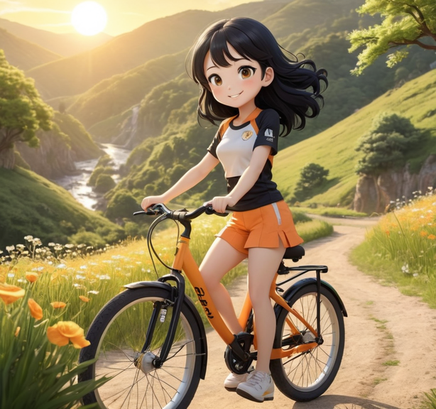 卡通动画风格户外骑行女孩