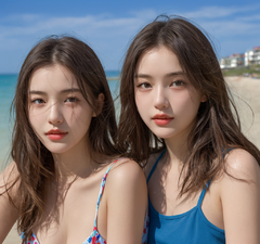 在海边，有两个20岁左右五官精致的女生，在嬉戏打闹