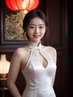 20岁中国女孩，微笑，白色睡裙，胸部巨大凸出，高领白色高领旗袍