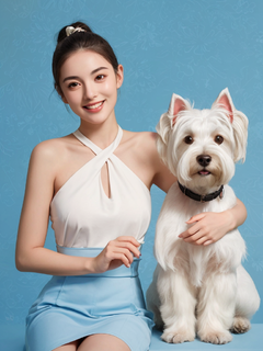 广告拍摄，一个20岁左右五官精致的女生，两肢正常，旁边一只西高地白梗，可爱，高级简约，，