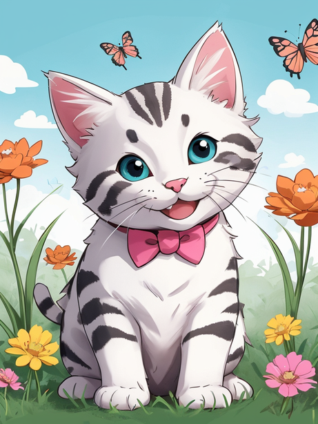 充满活力的小猫与蝴蝶插画