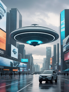 Syd Mead风格的电影拍摄，聚焦于一辆的UFO，特写，在未来城市的一个巨型数字广告牌前盘旋，阴天的昏暗光线、眼睛水平的角度、柔和的颜色、新未来主义、先进的技术和详细的构图