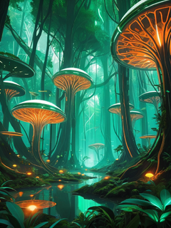 “Cybernetic Rainforest”中的虚拟现实小树林，将丰富的信息与未来的网络元素融合在一起，翡翠绿色、白色和橙色，发光透亮