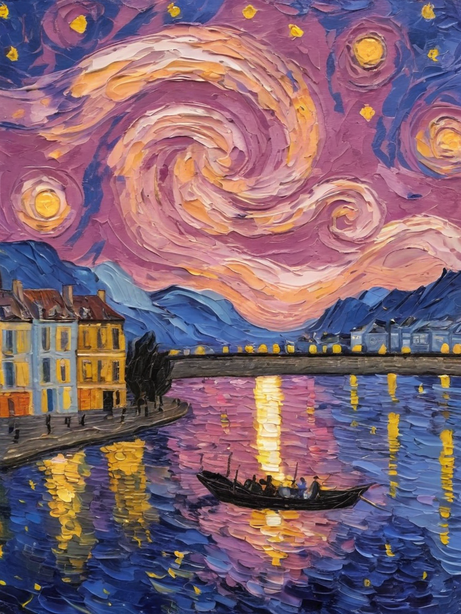 梵高风格的星空塞纳河油画