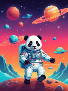 外星人星球上的熊猫宇航员插图，童书插图，异想天开和简单的插图美学，明亮的颜色，克莱门斯·吉里莫风格