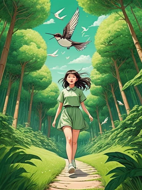 绿色线条绘制夏日林荫小道场景