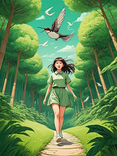 春天的场景，一个女孩走在森林草地上，周围是线性的绿色树林，燕子在天空中飞翔，柳条在画面前飞舞，来自中国神话，画面以绿色为主调，用扁平的彩色线条绘制，构图视角为俯视图，范绘画风格，俯视天空，64k