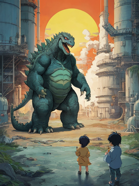 核电站里巨大的哥斯拉动漫插画