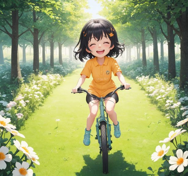 春日里骑单车的女孩卡通插图