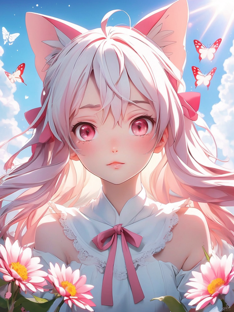 日系动漫粉色猫耳女孩插画